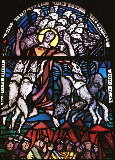 «The Good Shepherd» - The glass window in the monastery church St. Bonifatius in Hünfeld/Germany